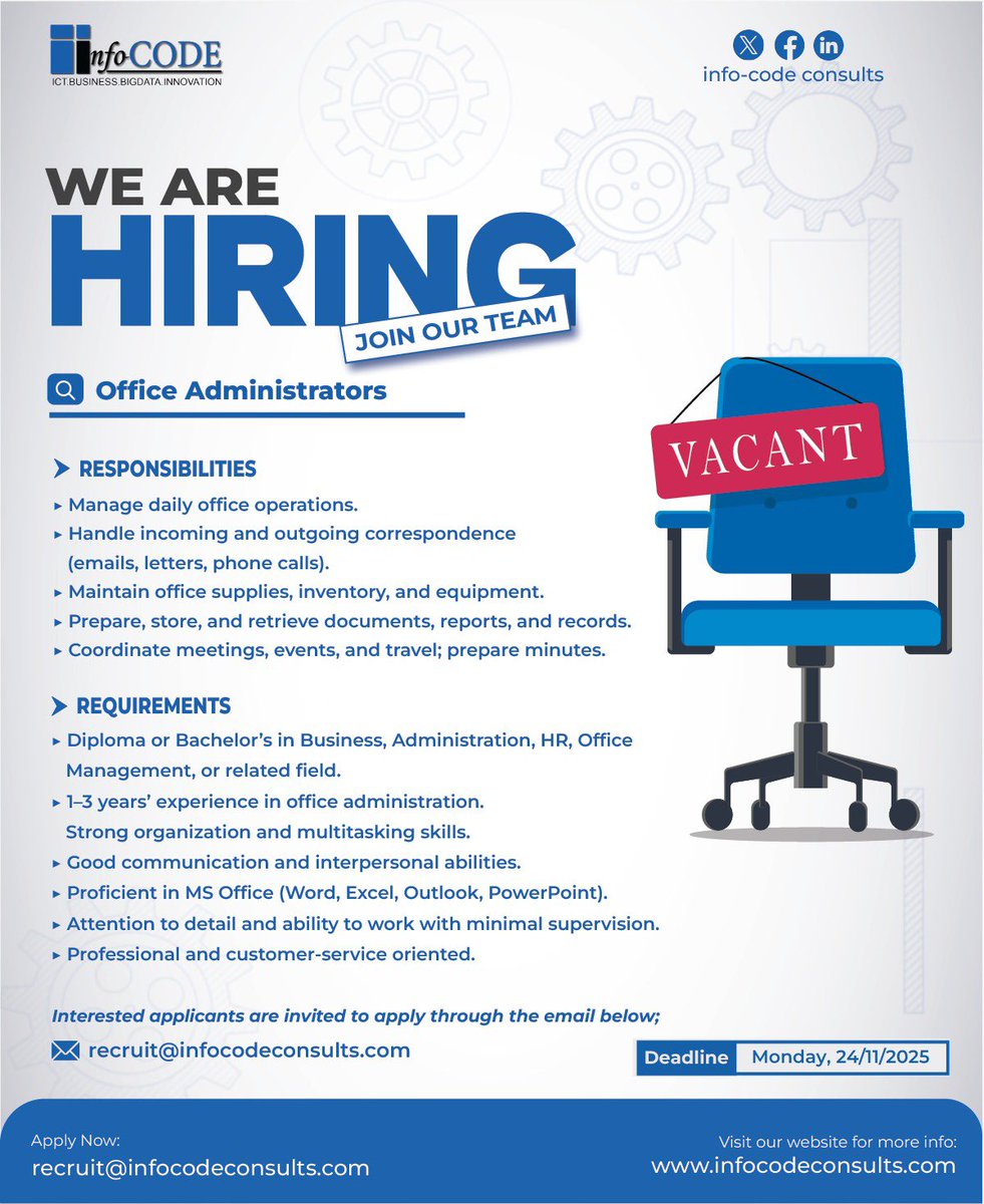 ConsultsCode's tweet image. 🚨 We’re Hiring: Office Administrators (2 Positions) – Kampala

Join our client’s team to support daily office operations and ensure an organized, efficient work environment.

📩 Apply: recruit@infocodeconsults.com
🗓️ Deadline: 24 Nov 2025

#JobsUganda #Hiring #OfficeAdmin #jobs