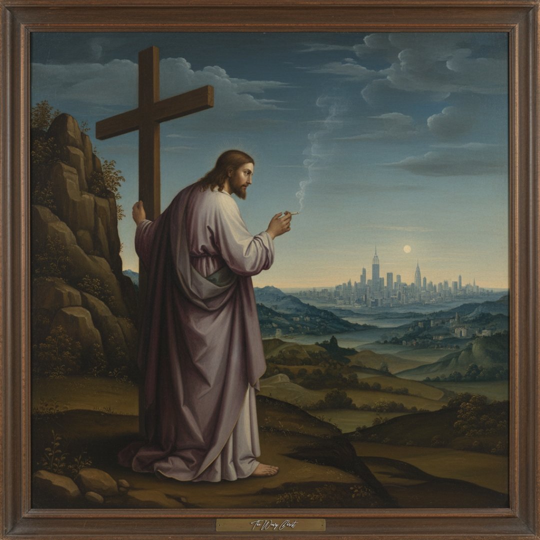 10 days left. Christ, exhausted, arrives near New York, lays down his cross, and smokes a cigarette into the sunset. No sermon, just silence after unanswered prayer. 
#WearyChrist #MyRenaissance #NFTArt #FoundationNFT #DigitalRenaissance #NFTAuction