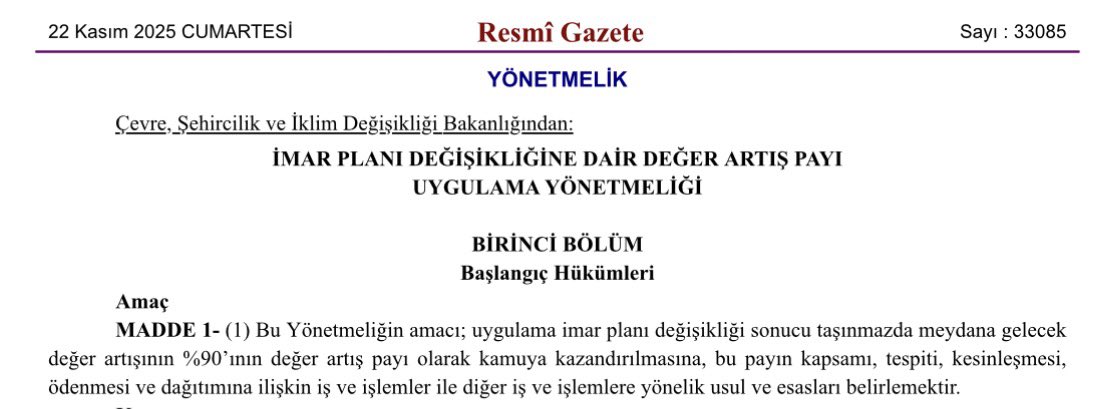 İmar planı değişikliğinde değer artışının yüzde 90’ı kamuya aktarılacak.

Çevre, Şehircilik ve İklim Değişikliği Bakanlığı, imar planı değişikliklerinden kaynaklanan taşınmaz değer artışının kamuya aktarılmasına ilişkin usul ve esasları belirleyen Değer Artış Payı Uygulama