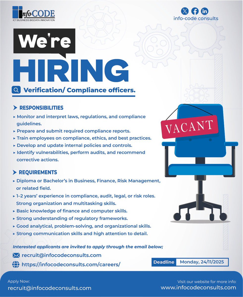ConsultsCode's tweet image. 🚨 We’re Hiring: Verification / Compliance Officers (2 Positions) – Kampala

Join our client’s team to support compliance, integrity, and regulatory oversight.

📩 Apply: recruit@infocodeconsults.com
🗓️ Deadline: 24 Nov 2025

#JobsUganda #Hiring #jobsearch #ApplyNow