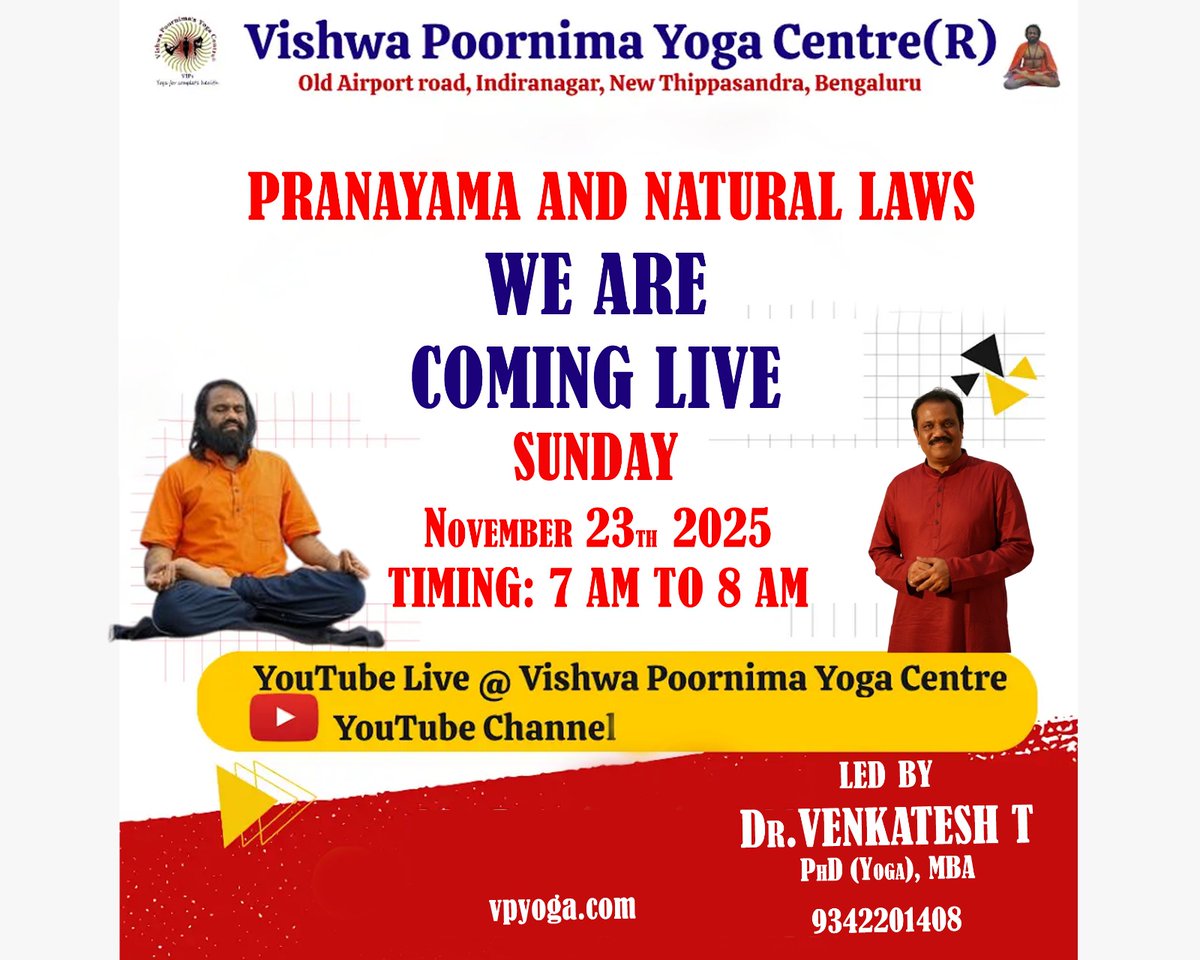 Venkate28453903's tweet image. Special  Session on PRANAYAMA AND NATURAL LAWS  
YOUTUBE LIVE youtube.com/@vishwapoornim…
TIMING: 7.00AM TO 8.00AM
CONTACT : 9342201408
#vishwapoornimayogacentre #FreeSession #FreemeditationClass #pranayama #pranayama #pranayamayoga #pranayamadaily #pranayamabenefits #prānāyāma