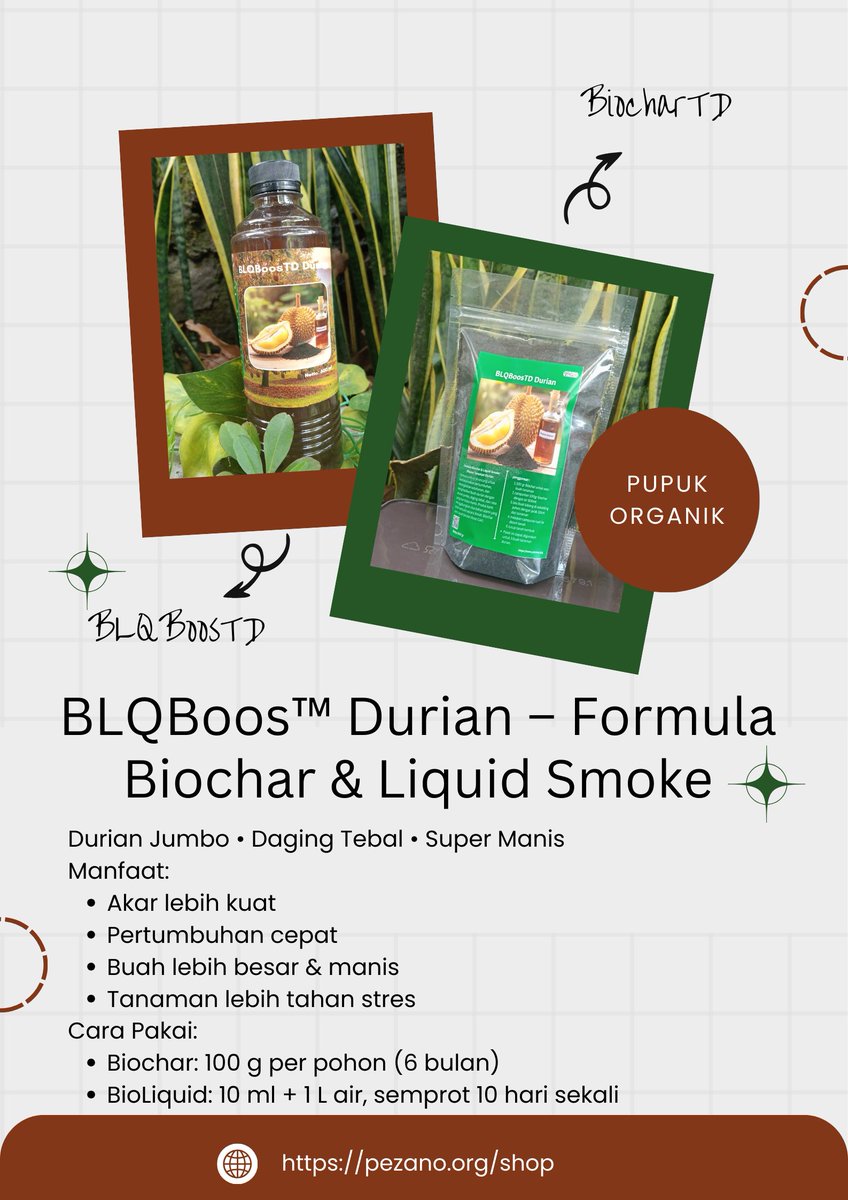 PezanoORG's tweet image. Biochar + Liquid Smoke = Durian Jumbo &amp;amp; Super Manis!
Bantu akar kuat, pertumbuhan cepat, dan buah lebih besar &amp;amp; manis.Pemakaian rutin 6 bulan → panen durian premium! pesan di sini👉pezano.org/shop #Biochar
