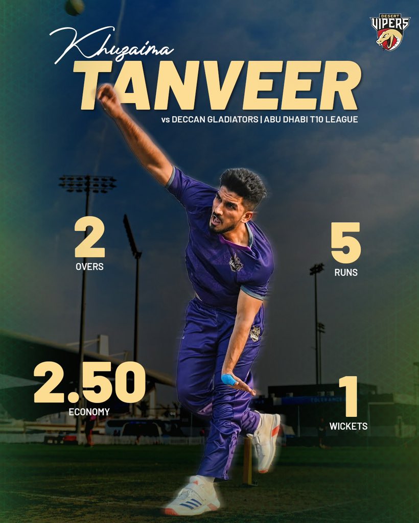 TheDesertVipers's tweet image. Economical = KHUZAIMA 🤌🏻

Player of the match performance locked in against Deccan Gladiators by our Viper! 🐍

#DesertVipers #FangsOut