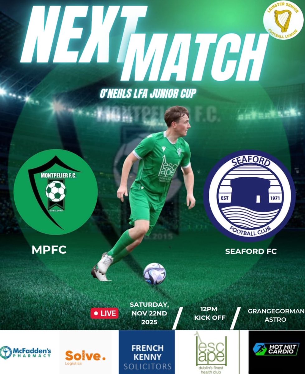 MPFC20's tweet image. Matchday 🏆

We welcome ⁦@Seaford__FC⁩ to Grangegorman this afternoon in the ⁦@ONeills1918⁩ @LeinsterFA1892⁩ Junior Cup 

All Support Welcome 💚🖤

⁦@AlQuinn2015⁩ 
⁦@hitthechannels⁩