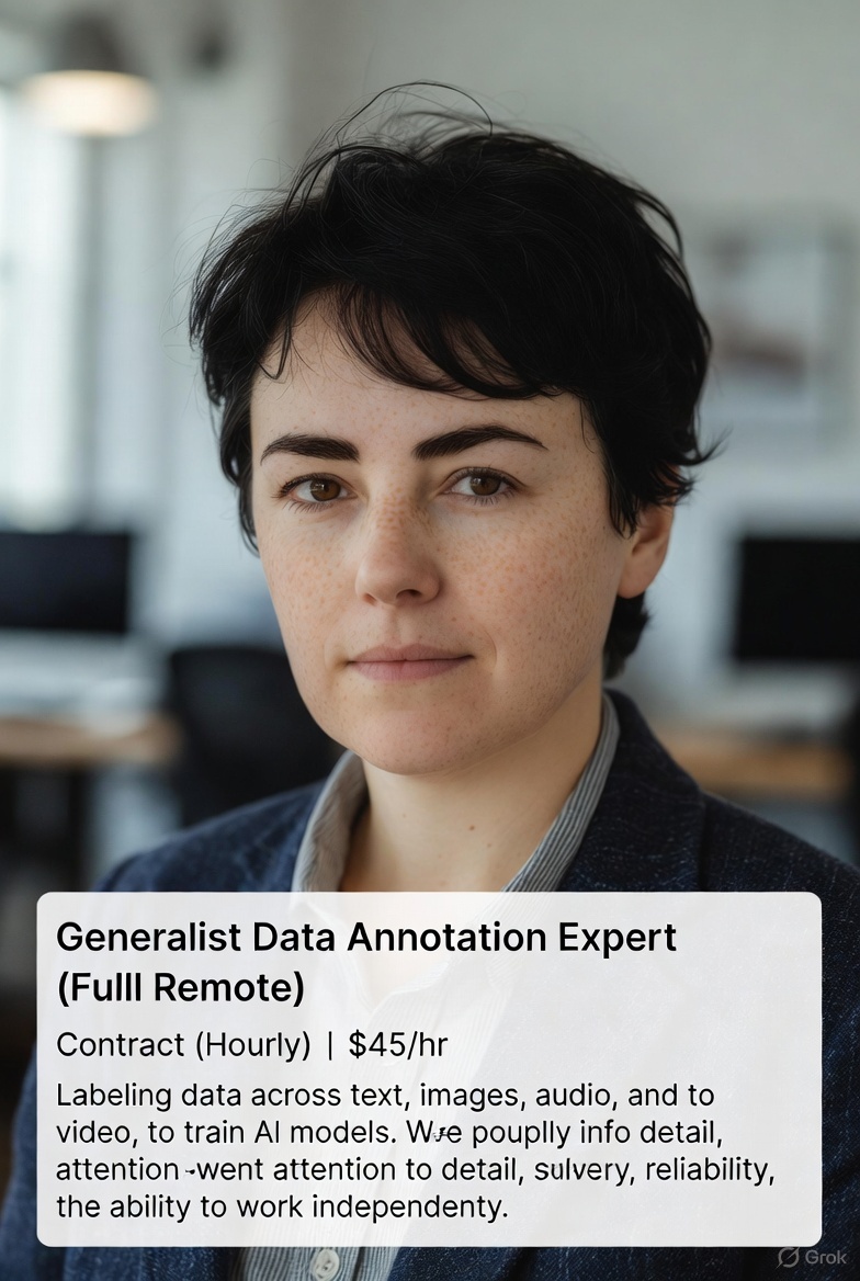 Kwakwakatlego's tweet image. 📝✨ Now Hiring: Generalist Data Annotation Expert
🌍 Remote | 💰 $45/hr | ⏳ Hourly Contract

🚀 Apply: work.mercor.com/jobs/list_AAAB…
#Hiring #DataAnnotation #RemoteJobs #AITraining #WorkFromHome #TechJobs #Annotators #FreelanceJobs #JobAlert #OnlineWork