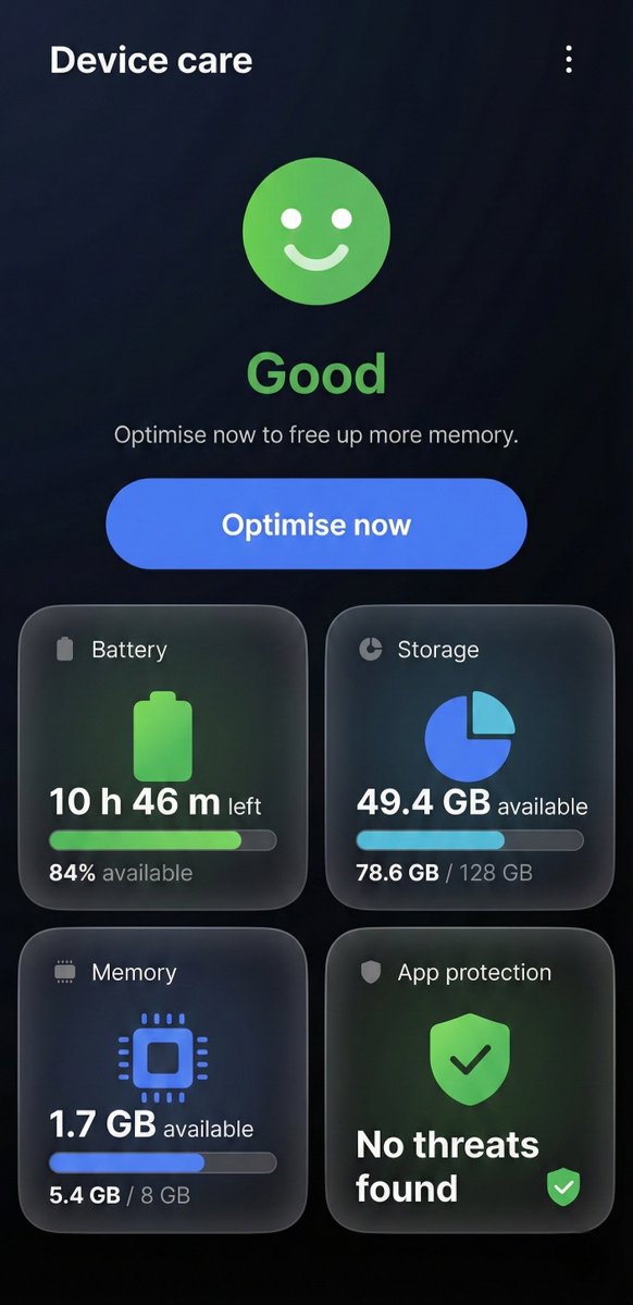 The1UX's tweet image. Device Care Concept 
1. Grid Style Menu UI
2. Gradient Glow effect 
3. Better than One UI 8.5&apos;s Ui
#OneUi8.5 #OneUi9 #Samsung