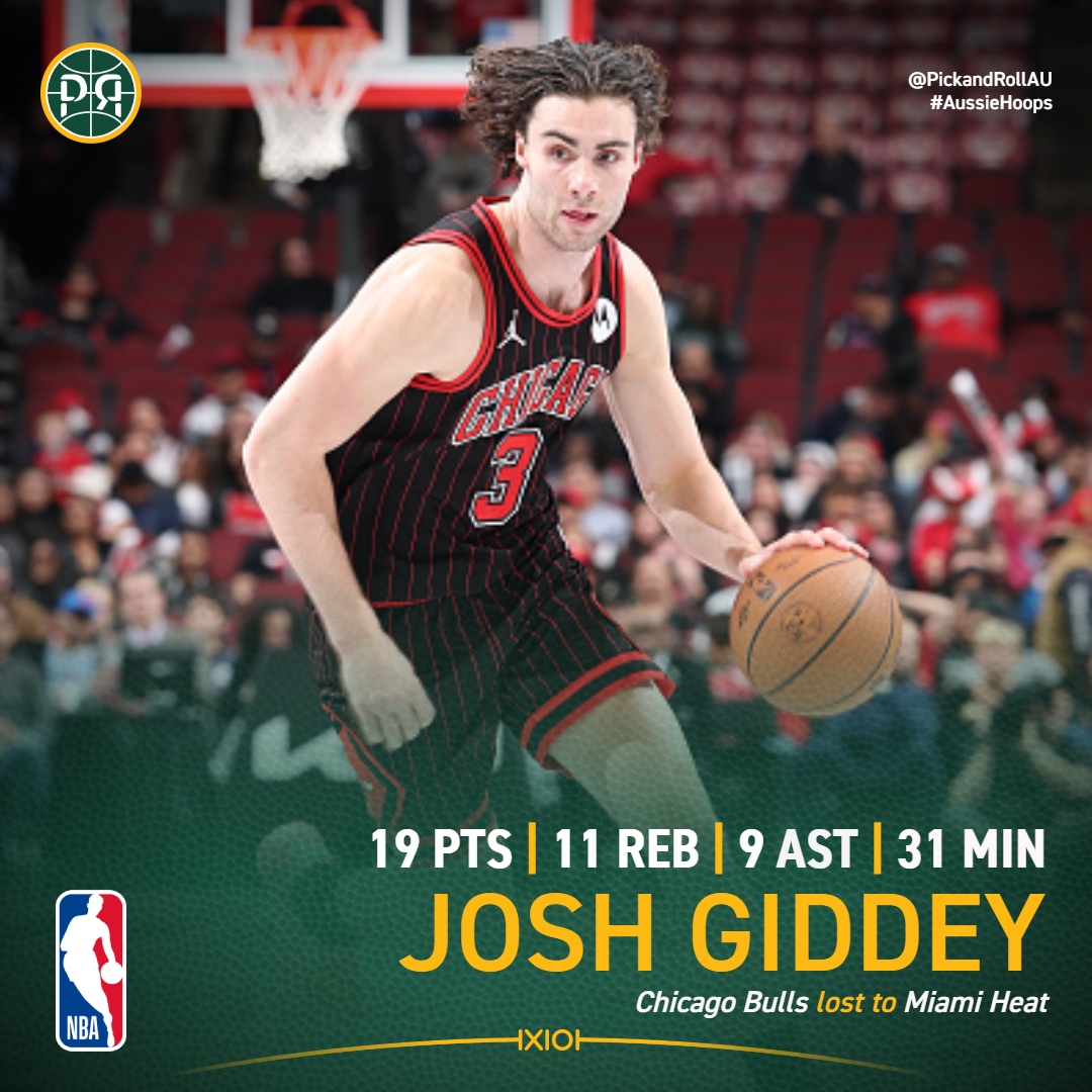 PickandRollAU's tweet image. Josh Giddey was one assist shy of yet another triple-double, however Chicago were blown out 107-143 by Miami.
#AussieHoops #NBA