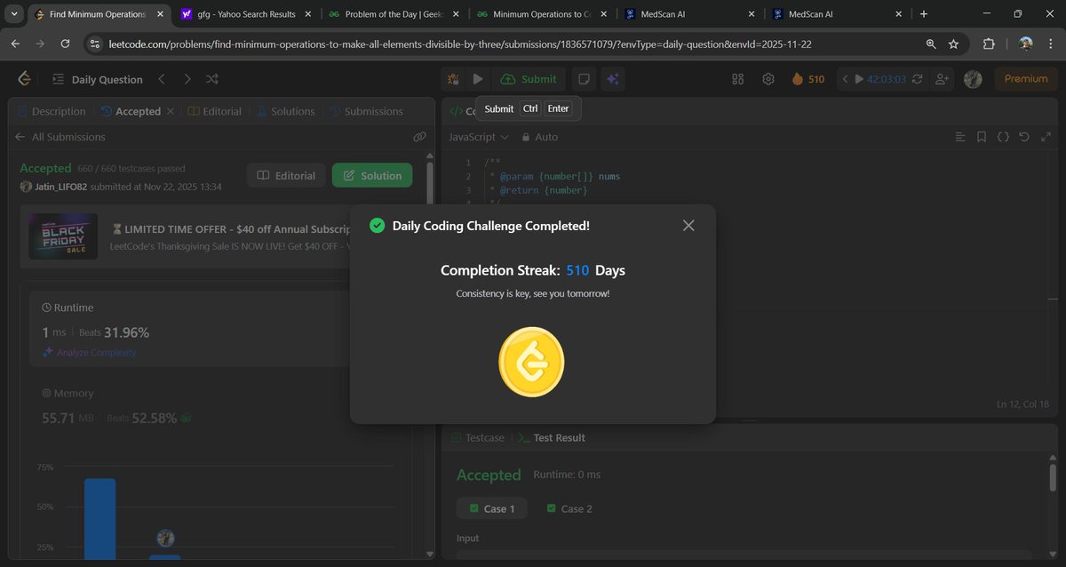 Jatin_lifo82's tweet image. 🌟Day 325 👨‍💻. 
Solve @geeksforgeeks || @LeetCode 
POTD Cpp⚡
Question LC.  3190. Find Minimum Operations to Make All Elements Divisible by Three Easy😎 ✅. 
Question GFG. Minimum Operations to Connect Hospitals Medium ✅. 
#geeksforgeeks #leetcode #DSA 
@LeetCode @geeksforgeeks