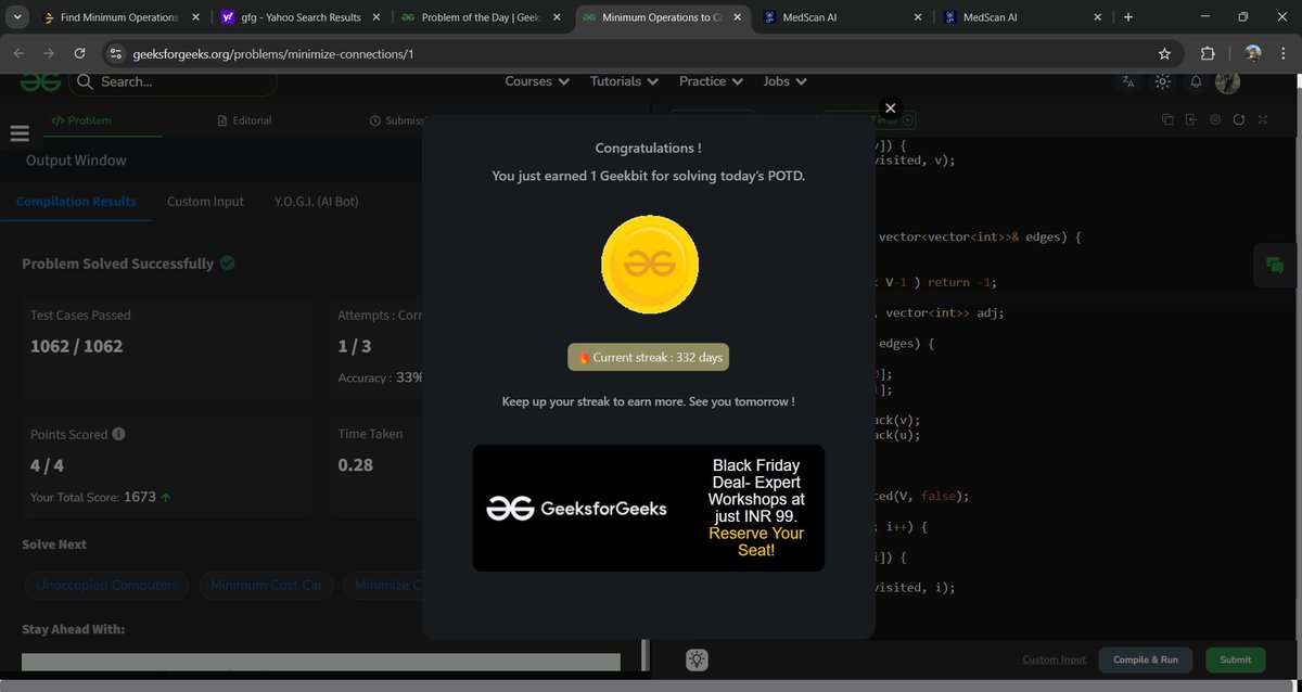 Jatin_lifo82's tweet image. 🌟Day 325 👨‍💻. 
Solve @geeksforgeeks || @LeetCode 
POTD Cpp⚡
Question LC.  3190. Find Minimum Operations to Make All Elements Divisible by Three Easy😎 ✅. 
Question GFG. Minimum Operations to Connect Hospitals Medium ✅. 
#geeksforgeeks #leetcode #DSA 
@LeetCode @geeksforgeeks