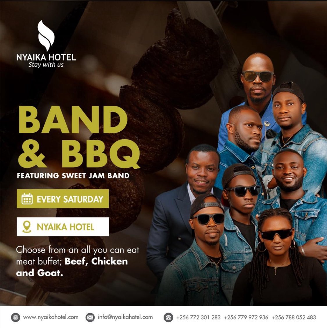 Bakerfeni's tweet image. Get ready to kick off the weekend right! 🎸🎶 The only plans you need this Saturday are at NYAIKA HOTEL for their epic Band &amp;amp; BBQ that all-you-can-eat Beef, Chicken, and Goat buffet? 🤤 Say no more!👇 #BandAndBBQ #NyalkaHotel 
#FortPortal