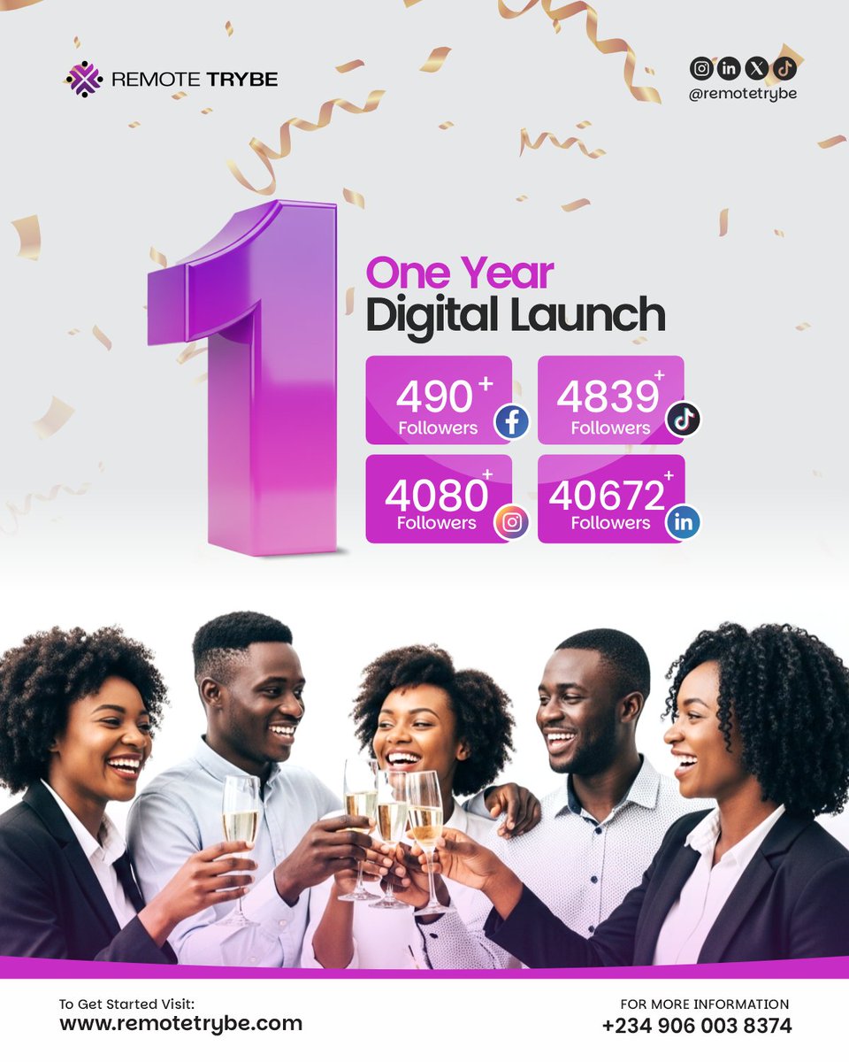 remotetrybe's tweet photo. Celebrating 1 Year of Impact🎉💃💃💃💃💃💃.
On this day one year ago, we stepped into the digital space with a clear mission to empower individuals with high in-demand skills and help them become professional virtual assistants. 
#remotetrybeatone #virtualassistant #fulani https://t.co/cbEq20Y06i
