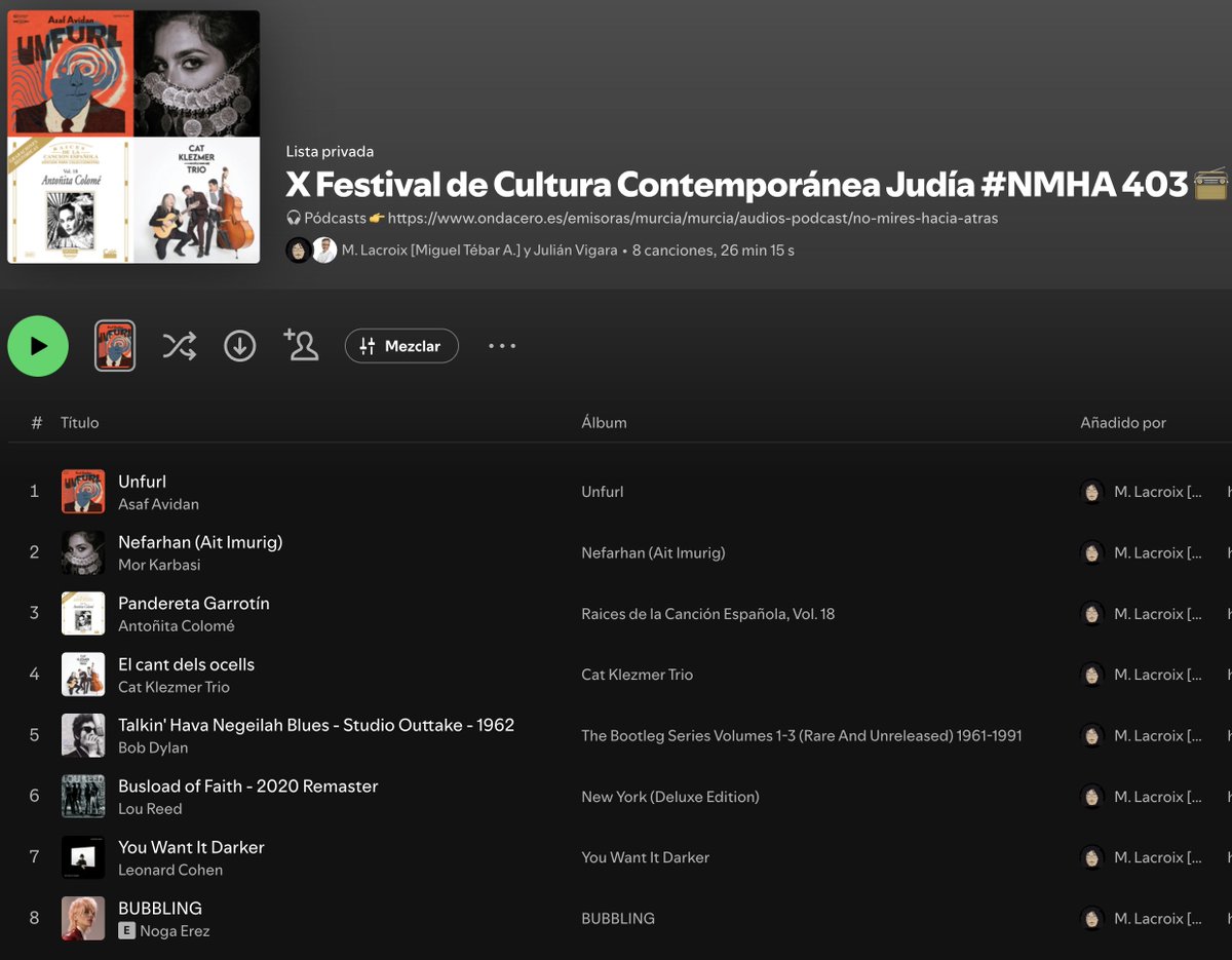 #NoMiresHaciaAtrás📻 celebra el X #JewishLorca con música x: #AsafAvidan #MorKarbasi #SergioDeLope #JoséCarra #Mixtura #CarolinaPalencia #JuanJoséRobles #CatKlezmerTrio #BobDylan #LouReed #LeonardCohen #NogaErez
Gracias🙏🏼 x escuchar🎧 bit.ly/NoMiresHaciaAt… …ojalá te agrade🤗