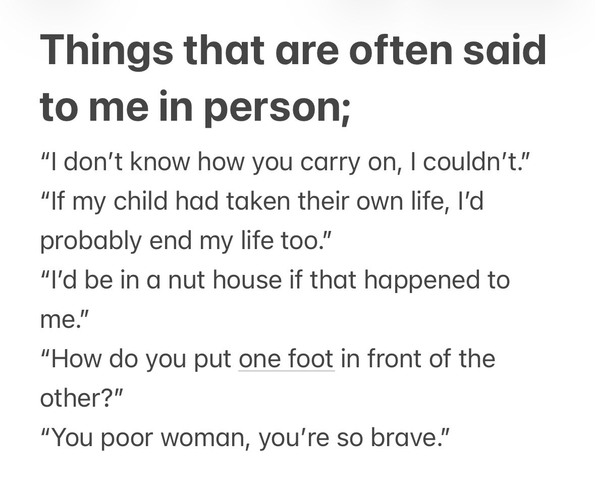 Yes, people actually say these things to me.
I just stand there with a vacant expression as how am I supposed to react?
I know they probably mean well, but sometimes I wish they’d just say nothing.
#InternationalSurvivorsOfSuicideLossDay
😔