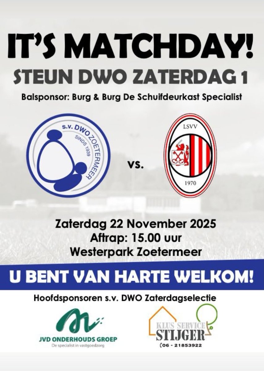 Het is Matchday 
Vandaag de 6 punten wedstrijd tegen <a href="/LSVV1970/">LSVV'70</a> 
Beide ploegen hebben de winst nodig dus het beloofd een spannende wedstrijd te worden 
Kom gezellig kijken
<a href="/Haagsamvoetbal/">Haagsamateurvoetbal</a> <a href="/HaagVoetbal/">Haaglanden Voetbal</a> <a href="/Zmeeractief/">Zoetermeer actief</a>