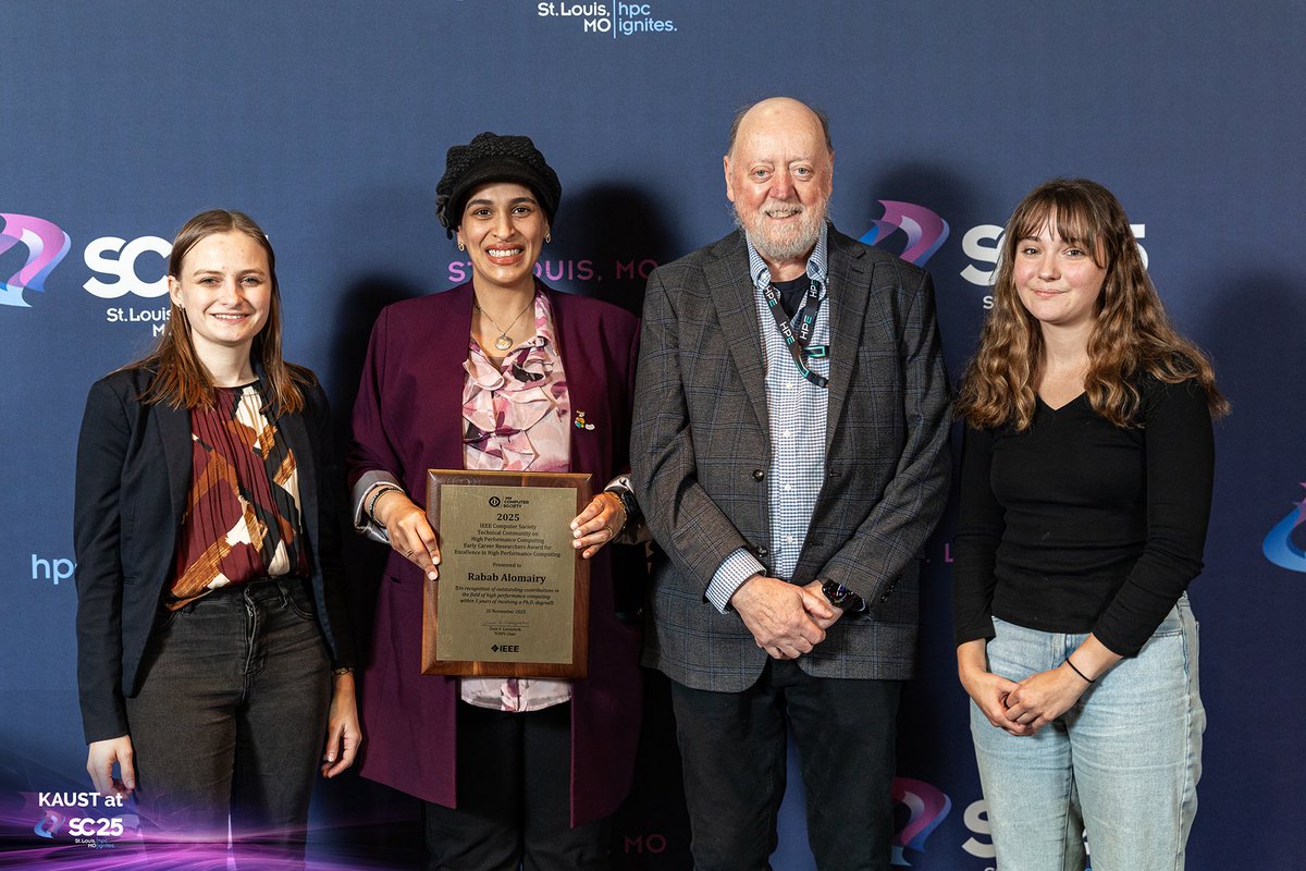 KAUST_CEMSE's tweet photo. Alumni footprint at #SC25

#KAUST alumna and Ibn Rushd Fellow @Rabab_Mohammad received her #IEEE Computer Society Technical Committee on High Performance Computing Early Career Researchers Award for Excellence in High Performance Computing at the SC25 awards ceremony.

Beyond her own achievement, Rabab's influence as a postdoctoral fellow and mentor at MIT's Julia Lab was evident through her students' success. Two #MIT students she mentors earned top placements in the #ACM Student Research Competition at SC25: first place in the undergraduate poster category and second place in the graduate poster category, selected from hundreds of posters presented at the conference.

A meaningful example of KAUST's continued impact in the global high-performance computing community.

📷 Photos courtesy of #SC25