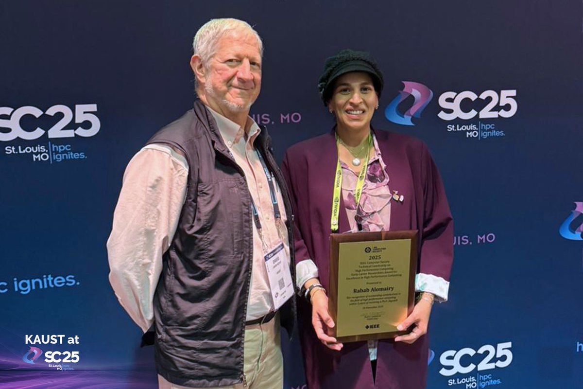 Alumni footprint at #SC25

#KAUST alumna and Ibn Rushd Fellow <a href="/Rabab_Mohammad/">Rabab Alomairy, Ph.D.</a> received her #IEEE Computer Society Technical Committee on High Performance Computing Early Career Researchers Award for Excellence in High Performance Computing at the SC25 awards ceremony.

Beyond her