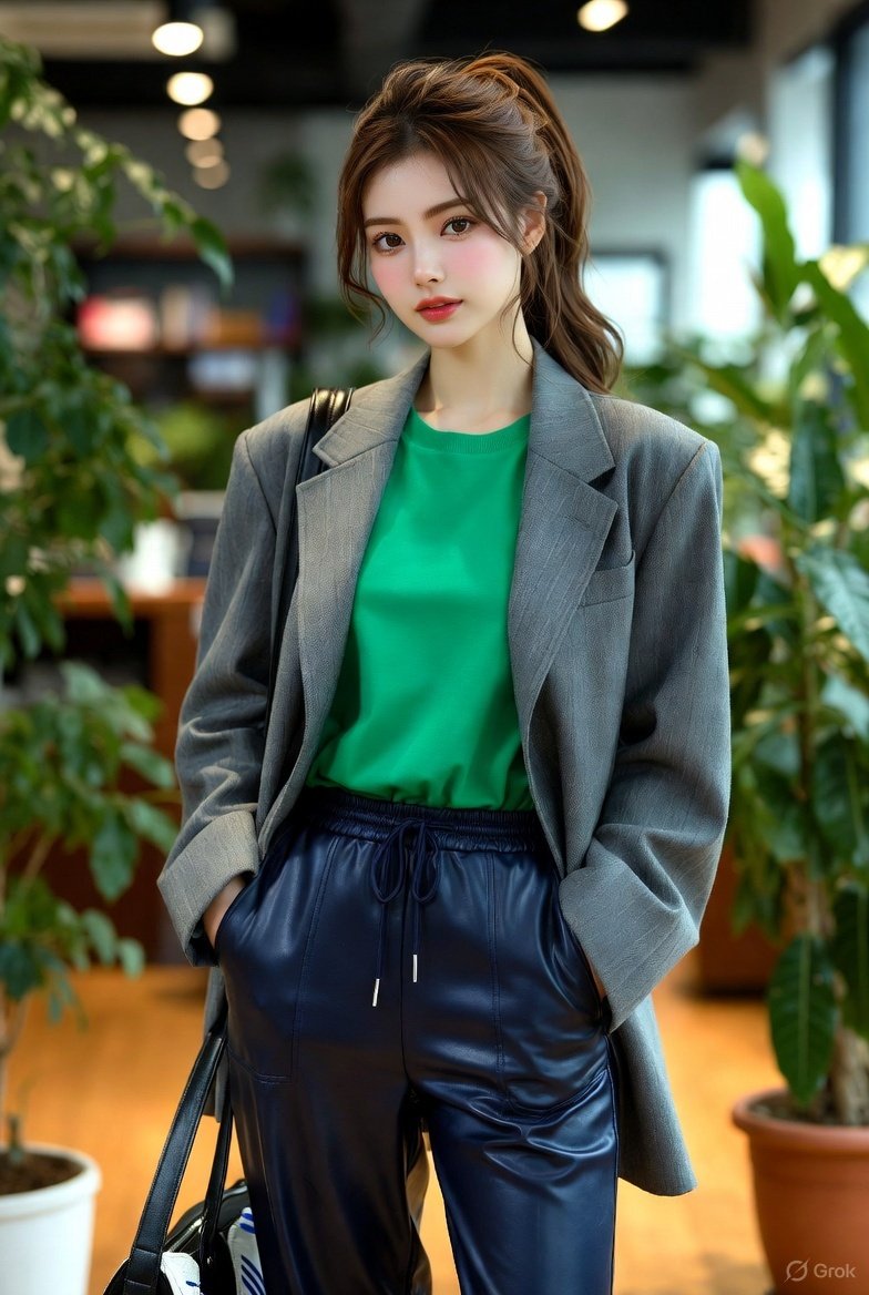 leatherstorage's tweet image. オーバーサイズのグレージャケット、グリーンのTシャツ、ネイビーのレザーのドロストパンツなどのコーディネートです。
背景はお洒落なオフィスをイメージしましたが、観葉植物が目立っています。
#GrokAI #Grok画像 #AIart