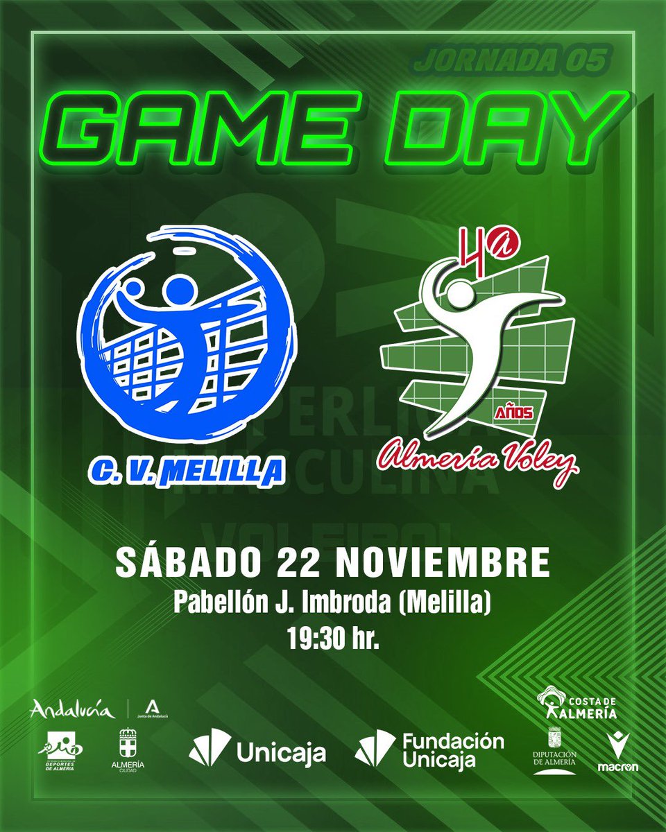 cvalmeria's tweet image. 🙌 ¡DÍA DE PARTIDO! 🙌

🟢 UNICAJA COSTA DE ALMERÍA

🆚 @cvmelilla 

🏟 Pabellón J. Imbroda

📍#Melilla

⏰ 19:30 hr. 

🖥 youtube.com/live/qGy72pU-m…

🏆 #SVM

#⃣ 💚 #VAMOSVERDES

#⃣ 🏐 #SomosVoleibol

#Unicaja #Almeria #Almería #UnicajaAlmeria #UnicajaAlmería #Voleibol
