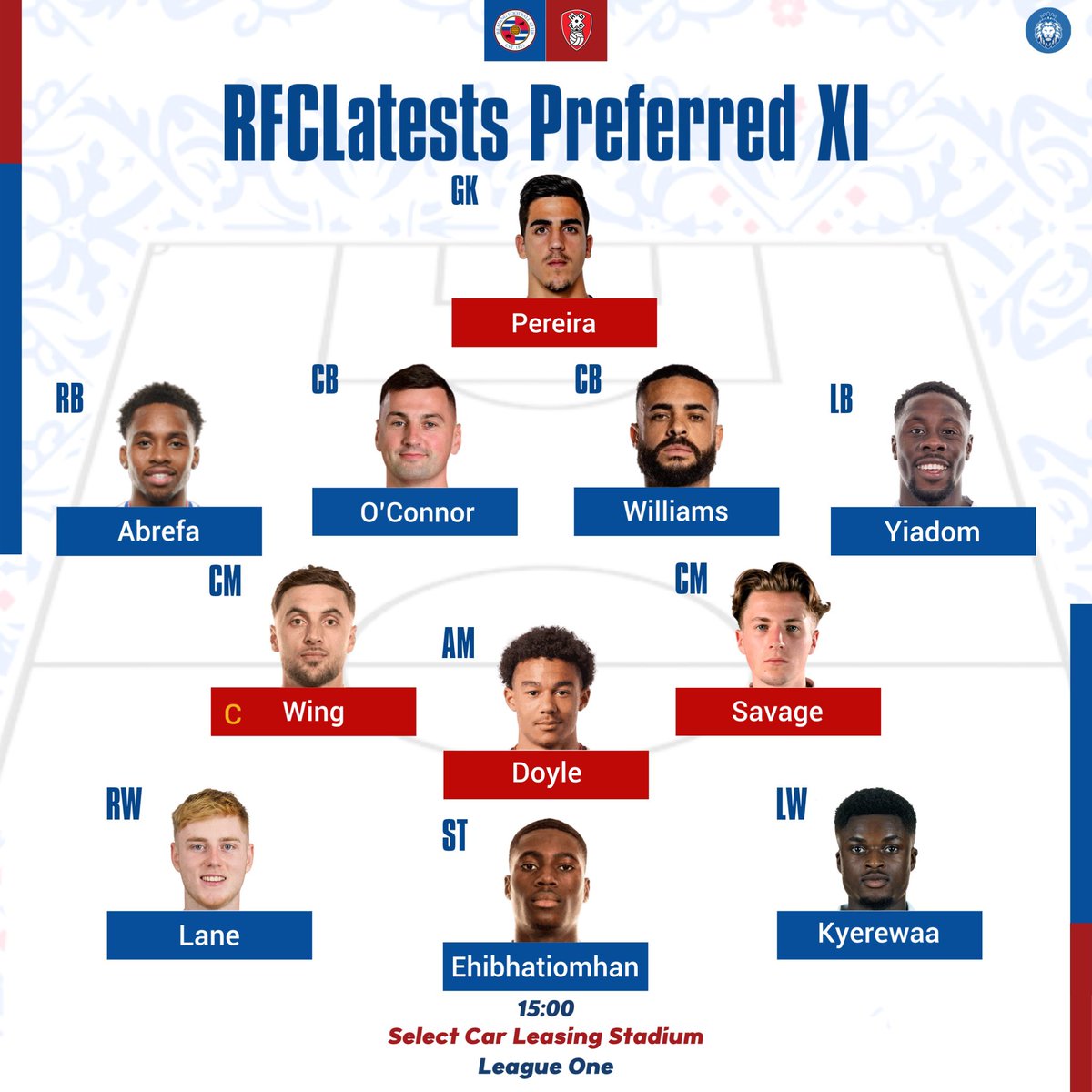 RFCLatest's tweet image. RFCLatest’s Starting XI vs Rotherham United (H):

Pereira;
Abrefa, O’Connor, Williams, Yiadom;
Wing, Savage
Lane, Doyle, Kyerewaa;
Ehibhatiomhan

Reply with your preferred XI below! 👇

#readingfc