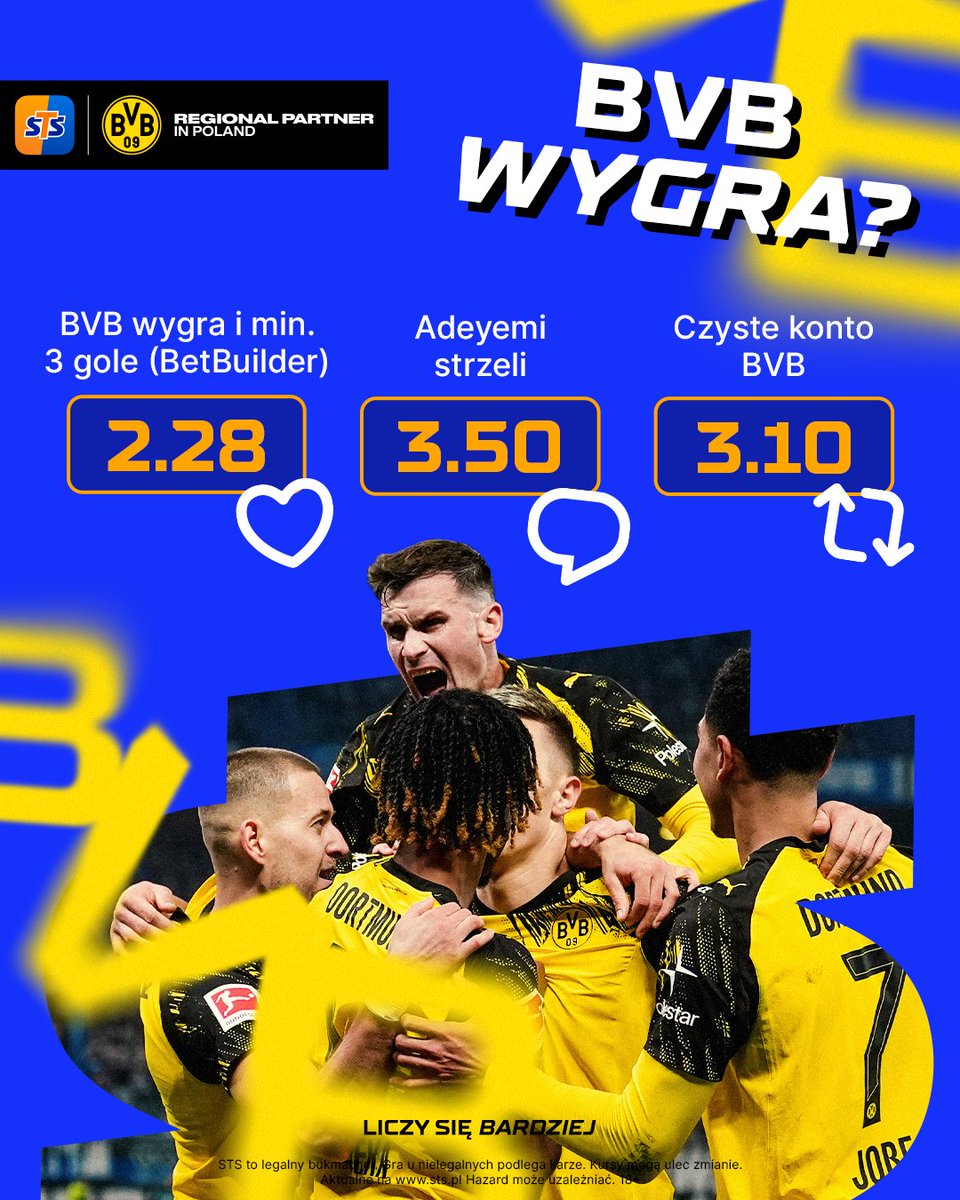stspolska's tweet image. ADMIN NA DZIEŃ DOBRY! 🫡
Jako regionalny Partner BVB nie śpimy i już serwujemy Wam MOCNĄ ofertę na dziś! ⚫️🟡

GŁOSUJEMY I W KOMENTARZACH TYPUJEMY DOKŁADNY WYNIK MECZU BVB - VFB STUTTGART ⤵️

OBSTAWIAMY TUTAJ 👉 oferta.sts.pl/bvbvfbstu