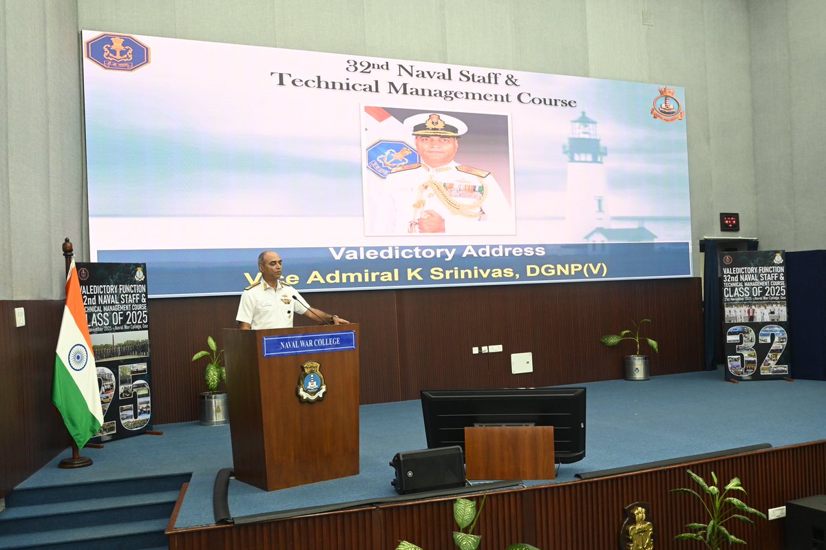 InNwc's tweet image. The Valedictory Function of NSTMC 32 held at #InNwc.
Chief Guest VAdm K Srinivas, DGNP (Vzg), exhorted officers to apply their professional  learning towards addressing operational challenges with enhanced efficiency and effectiveness. 

66 graduating officers including two…
