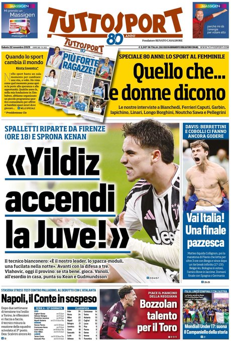 Front Page Tutto Sport, Saturday 22 November 2025