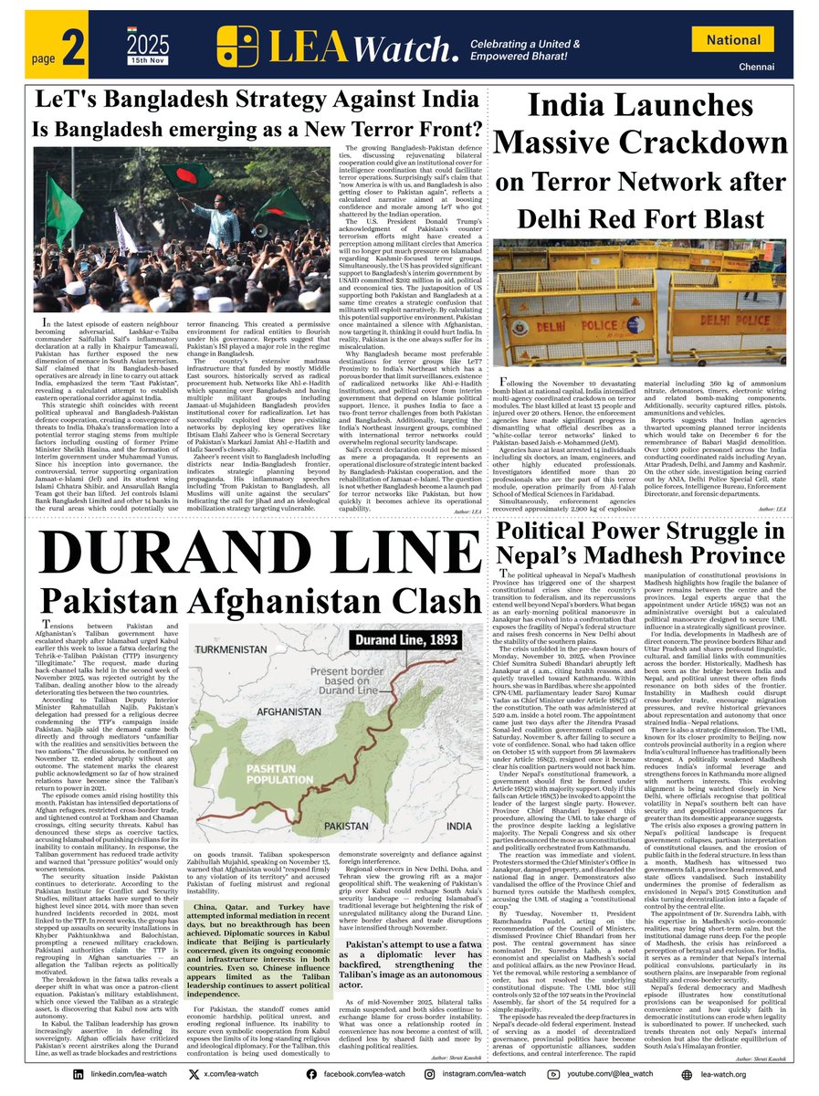 Watch_Lea's tweet photo. Sharing the latest LEA Watch – 15 Nov 2025 Edition.
This issue dives into crucial geopolitical developments:
• India’s strategic outreach
• New South-Central Asian trade corridors
• Shifting global power equations
• Defence &amp; tech innovations
• Regional security challenges https://t.co/SKO6ktb5ls