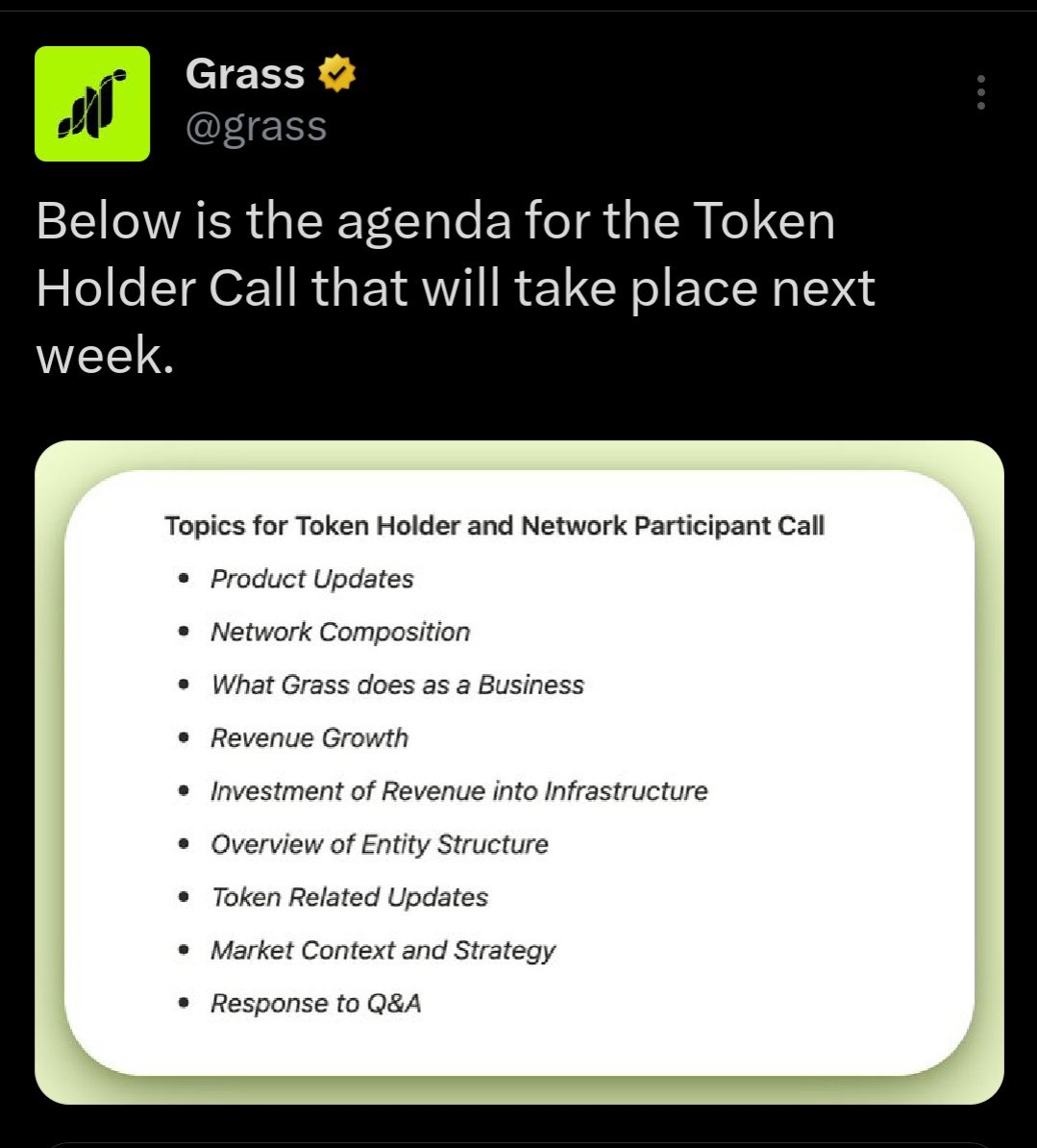 Rachityadav0x's tweet image. Grass shared the agenda for next weeks Token Holder Call and it looks solid

• Product updates
• Network composition
• What Grass does as a business
• Revenue growth
• How revenue is invested into infrastructure
• Entity structure overview
• Token related updates
• Market…