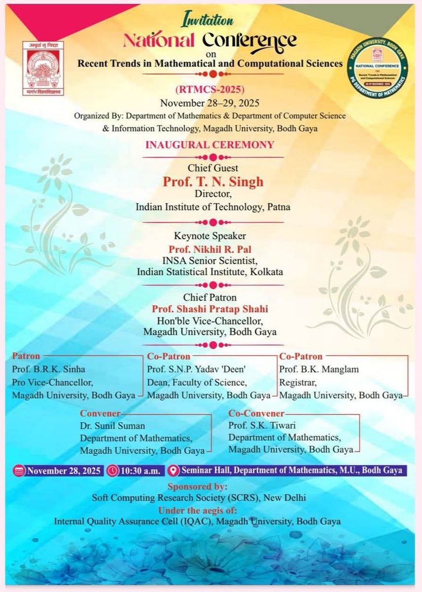 magadhuniversi1's tweet image. #NationalConference #mathematics #ComputationalScience #RTCMS2025 #MagadhUniversity

@prof_shahi
@GovernorBihar 
@officecmbihar 
@EduMinOfIndia 
@BiharEducation_ 
@ugc_india 
@IndiaDST 
@PMOIndia 
@rashtrapatibhvn