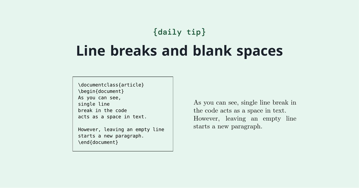 overleaf's tweet image. Do you need to have more control over the layout of your document? This article explains how to insert line breaks, page breaks and blank spaces. overleaf.com/learn/latex/Li…
