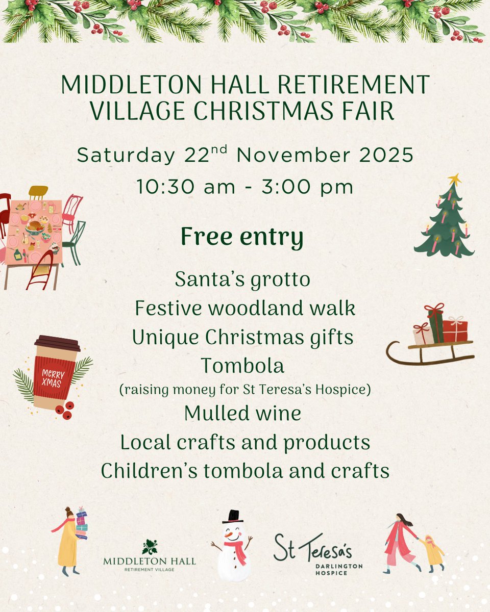 🎄✨ TODAY’S THE DAY! ✨🎄
Our magical Christmas fair is happening today at Middleton Hall Retirement Village!

🕥 10:30am – 3pm | 🎟️ Free Entry
🎁 Festive stalls, crafts &amp; mulled wine 🍷
🦌 Santa's grotto
🎨 Kids &amp; adults tombola's raising funds for St Teresa’s Hospice