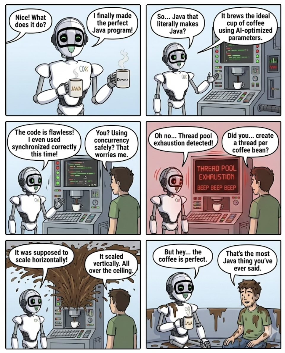 Stephan007's tweet image. Nano Banano Pro is next level, gave it an old #Devoxx cartoon and with one prompt describing the joke it generated a brand-new strip. Wild stuff 😳🔥✏️ #Gemini