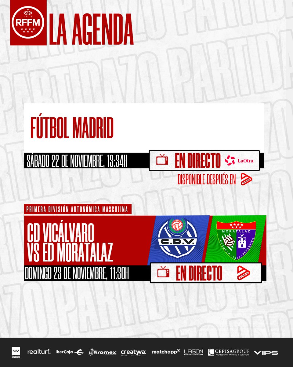 📝 Esta es la AGENDA televisiva del fin de semana 👇🏻

SÁBADO 2️⃣2️⃣
13:34h FÚTBOL MADRID (incluye 🎥 Escuela de Fútbol)
📺 LaOtra EN DIRECTO

DOMINGO 2️⃣3️⃣
11:30h <a href="/CDVicalvaro/">C.D. Vicálvaro ⚽️</a> 🆚 <a href="/edmoratalaz/">ED Moratalaz</a>
Primera División Autonómica Aficionados
📺 LaOtra EN DIRECTO

Y después en 📺 RFFM PLAY ▶️