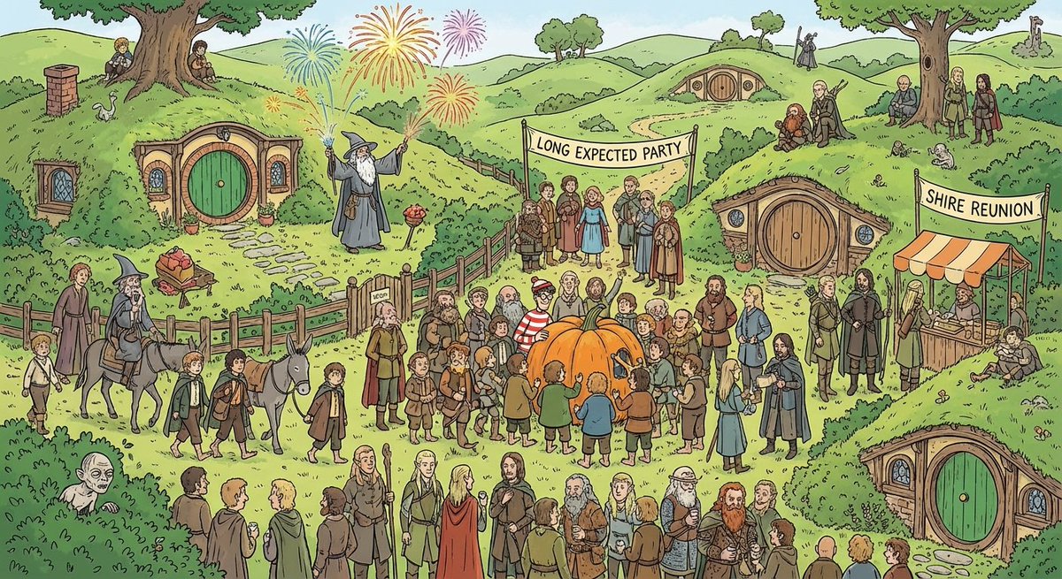 stevyhacker's tweet image. Nano Banana Pro prompt:

A where is waldo image showing all Lord of the Rings characters in Shire