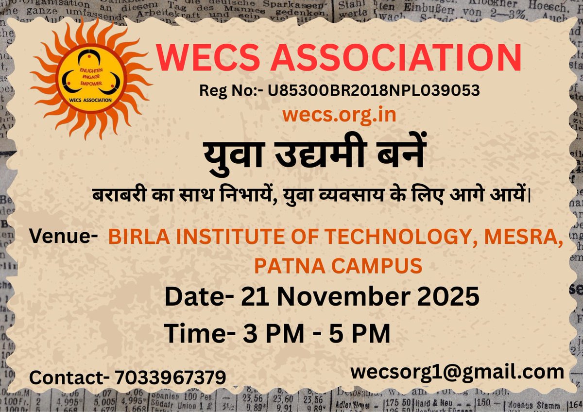 wecspatna's tweet image. Welcome to Wecs Association.
Contact- 7033967379
mail id- wecsorg1@gmail.com
Website- wecs.org.in
&quot;Glimpse of Yuva Udyami Bane Program&quot; held on 21st Nov.2025 at BIT Mesra,Patna.