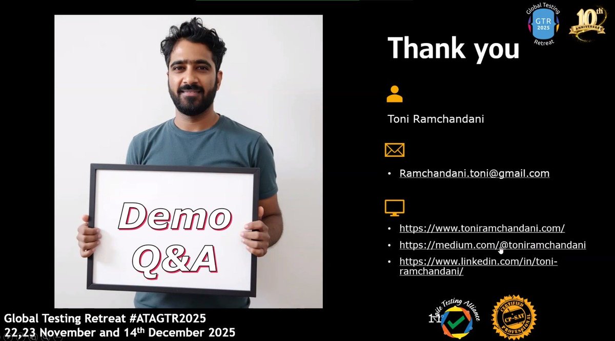 TestingRetreat's tweet photo. @AgileTAlliance @adigindia @rajputabhay017 @Tietoevry @QAMENTOR1 @ISquareIT @SelectorsHub @TheTestChat @WS_Audiology A huge thank you to everyone who joined the Demo & Q&A session. The engagement was fantastic.
#ATAGTR2025 #10th_Edition #VIRTUALCONFDAYS #WSA
@AgileTAlliance
@adigindia
@rajputabhay017
@Tietoevry
@QAMENTOR1
@ISquareIT
@SelectorsHub
@TheTestChat
@WS_Audiology https://t.co/63eKVBAZ63