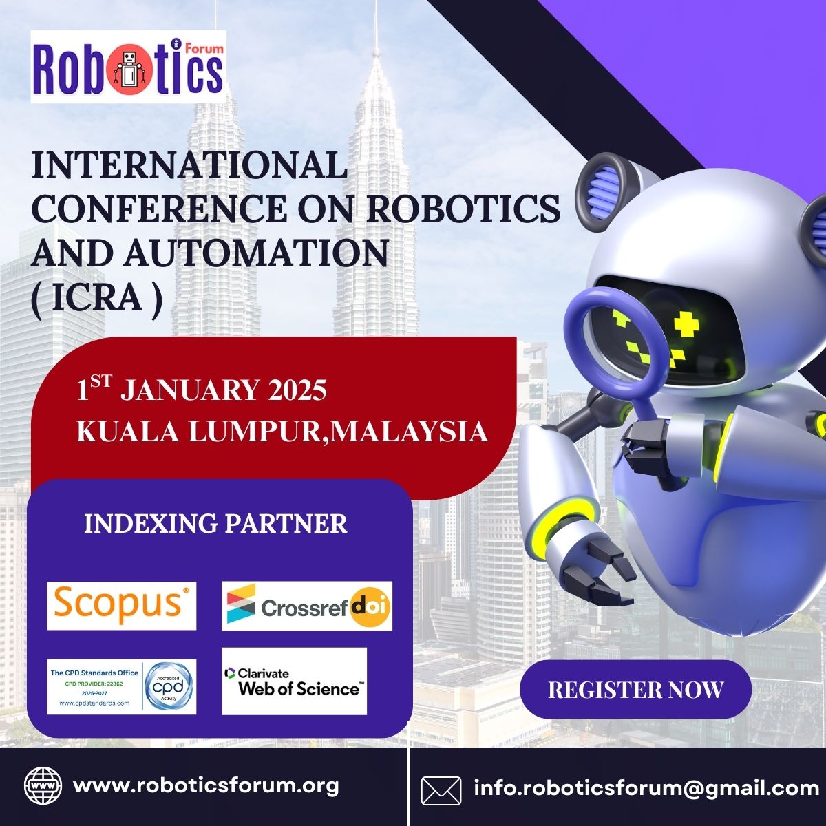 RoboticsForum's tweet image. 🌍✨ International Conference on Robotics and Automation (ICRA 2026)
📅 1st January 2026
📍 Kuala Lumpur, Malaysia

👉To register: roboticsforum.org/Conference/701…

#ROBOTICSForum #automation #kualalumpurmalaysia #eventinmalaysia #Malaysiaconference #KualaLumpurConference