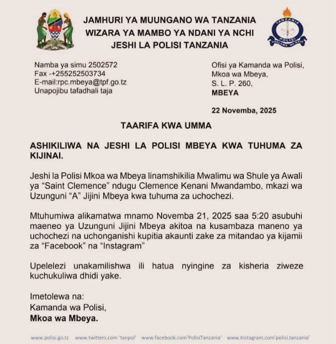 JamiiForums's tweet image. TAARIFA ya Jeshi la Polisi kuhusiana na kukamatwa kwa Ndugu Clemence Mwandambo - Novemba 22, 2025