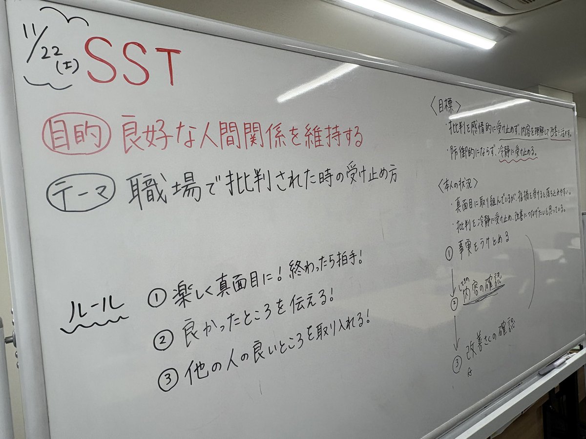 CONNECTkarasuma's tweet image. 本日のSSTはこちら！
皆さん上手に回答されていました☺️
#認知行動療法
#SST
#アウトプット
#自己理解