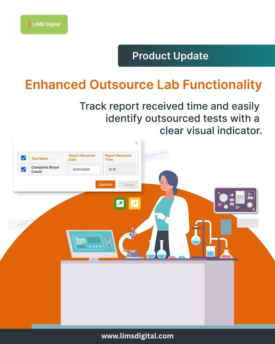 limsdigital's tweet image. 🧪 Still tracking outsourced reports manually? Let LIMS Digital help! 🚀

Track report time in real-time, mark outsourced tests instantly, improve TAT, and ensure accuracy across operations.

Book a demo: lnkd.in/d9EQtVAS
#LIMSDigital #LabEfficiency #SmartLabManagement