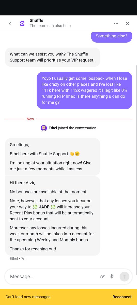 This is what u get when u lose 110k at 0% running RTP on <a href="/shufflecom/">Shuffle.com</a> when u ask for a bonus. They tell u to go level up🤣🤣
<a href="/noahdummett/">Noah</a> ur still a scummy bum.
Stake and legit ALL other casinos woulda given a minimum of 1k lossback on top of all the extra boosted rewards. STAY