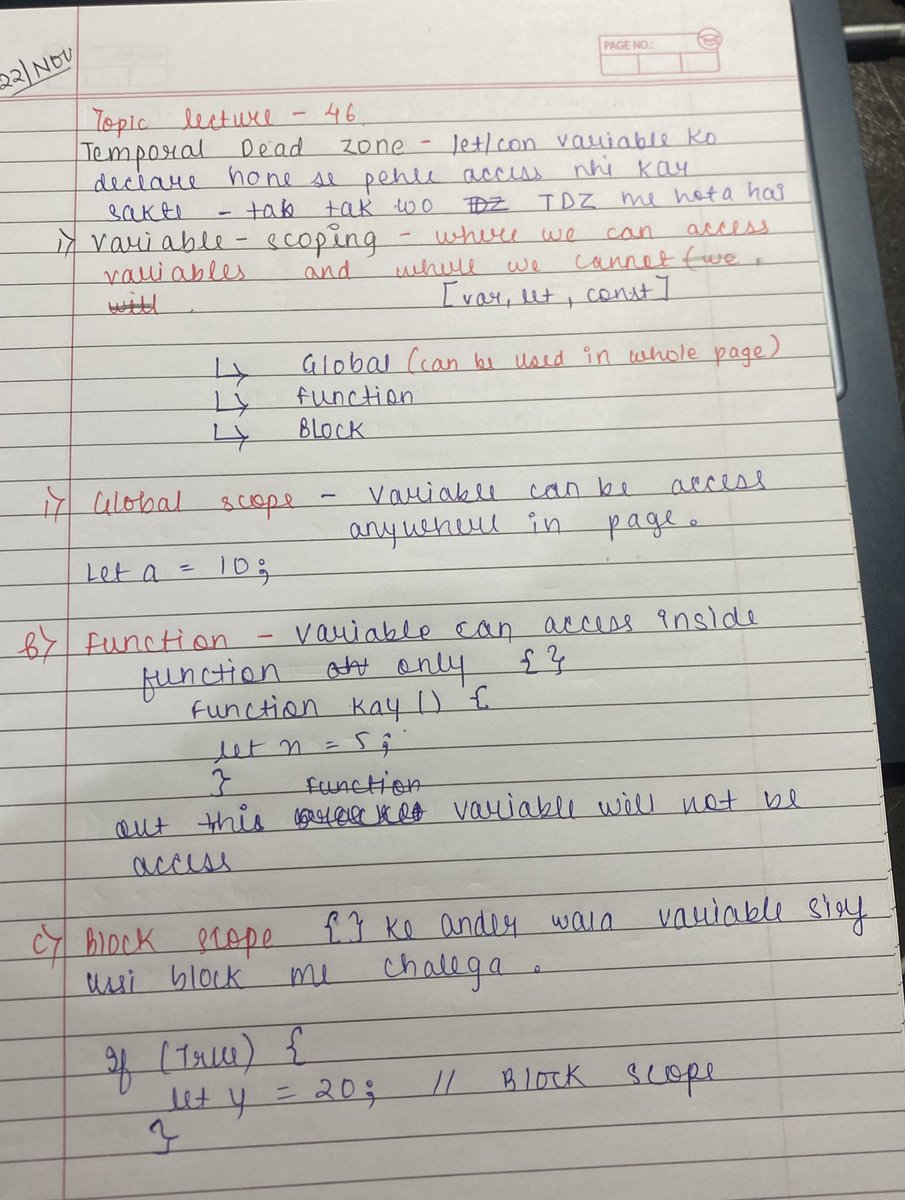 Nidhy7611's tweet image. 🌸Day 15 of my JavaScript journey with @CodeHelp4U  completed Love Babbar’s Lecture 46 and finally understood the TDZ concept clearly. Feeling proud and consistent. #WebDevelopment #frontend #learningtech #codewithfun