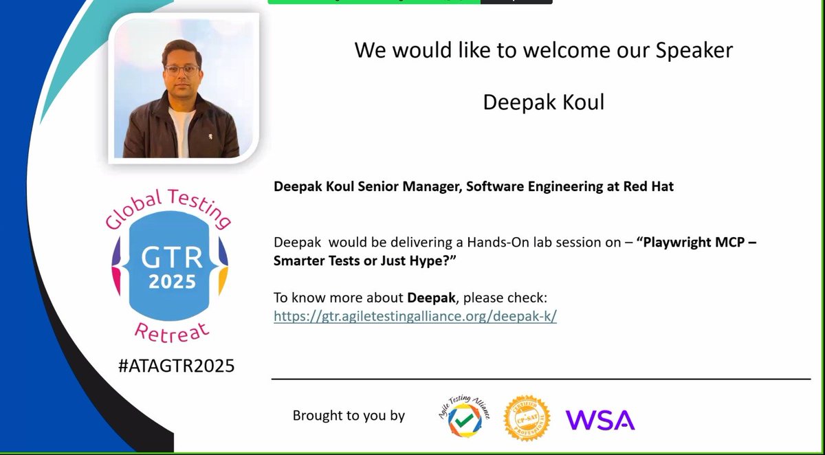 TestingRetreat's tweet photo. DAY 1 TRACK 2 SESSION 2 :
Playwrightβs MCP - Smarter Tests or Just Hype? by Deepak Koul
#ATAGTR2025 #10th_Edition #VIRTUALCONFDAYS #WSA
@AgileTAlliance
@adigindia
@rajputabhay017
@Tietoevry
@QAMENTOR1
@ISquareIT
@SelectorsHub
@TheTestChat
@WS_Audiology https://t.co/d0m9MviUgE