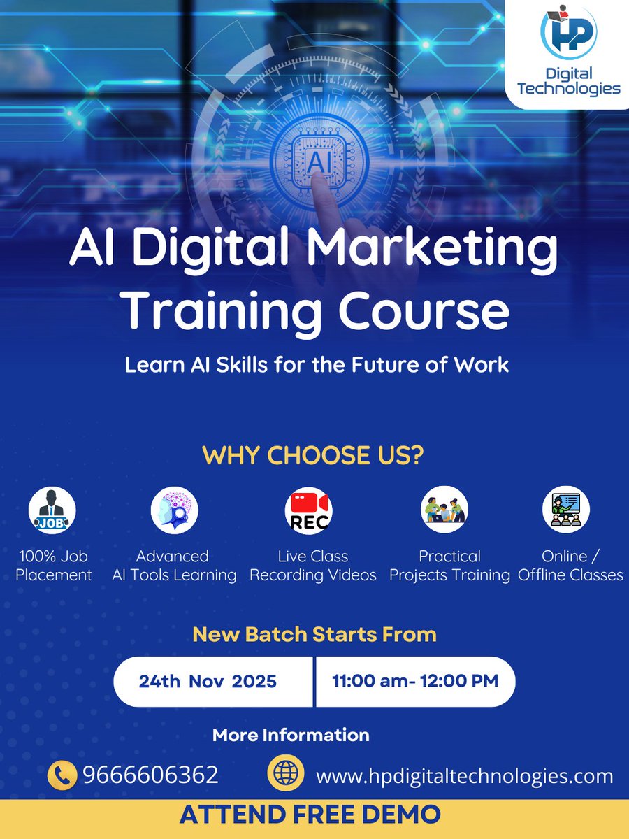 hpdigitaltech's tweet image. Boost your career with our AI Digital Marketing Training Course!

New batch from 24 Nov 2025 | 11AM–12PM

✔ 100% Job Placement
✔ AI Tools + Projects
✔ Online/Offline Classes
Free Demo → 9666606362

#AIDigitalMarketing #DigitalMarketingCourse #AITraining #SkillUpIndia