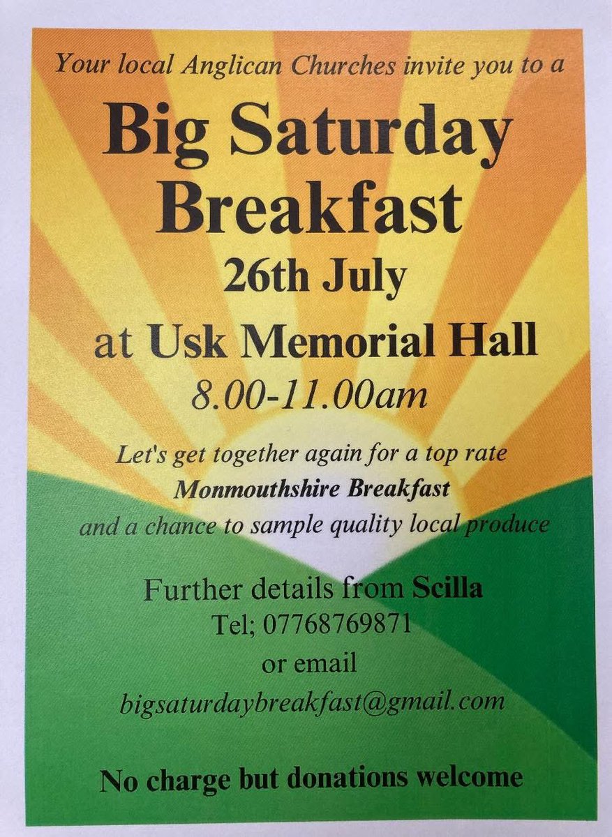 PeterFox61's tweet photo. Wonderful breakfast this morning at the ‘Big Saturday Breakfast’ at the Memorial Hall in Usk. All locally sourced produce. Special thanks to all the volunteers from our local Anglican Churches. Open until 11am https://t.co/0IwPGn3WhA