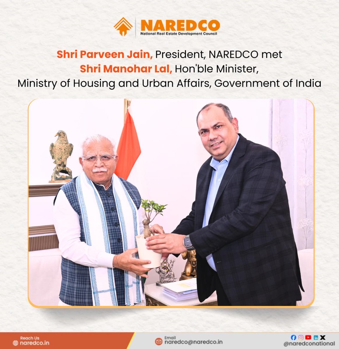 NaredcoNational's tweet image. Shri Parveen Jain, President, NAREDCO, met Shri Manohar Lal, Honourable Minister, Ministry of Housing and Urban Affairs, Government of India, for a brief interaction focused on advancing real estate and urban development priorities.

#NAREDCO #UrbanDevelopment  #RealEstateIndia