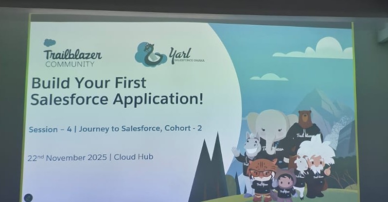 YarlSFO's tweet image. 𝐇𝐚𝐩𝐩𝐞𝐧𝐢𝐧𝐠 𝐍𝐨𝐰!

Session 04 of Journey to Salesforce - Cohort 2 is underway with “Beginner Workshop: Build Your First Salesforce App.” Learners are joining both at Cloud Hub and online as they dive into hands-on app building and explore the basics of the Salesforce…