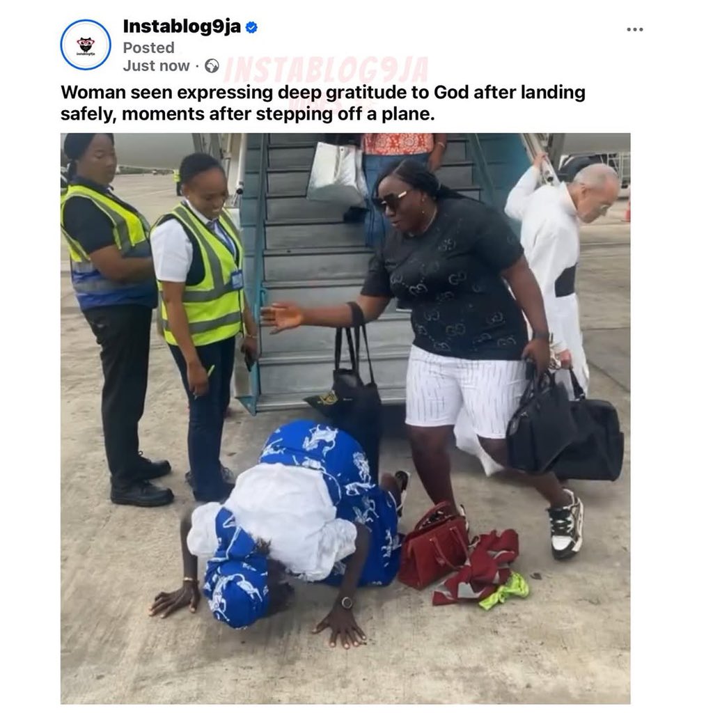 instablog9ja's tweet image. Woman seen expressing deep gratitude to God after landing safely, moments after stepping off a plane.

📹: @iam_mcwalter