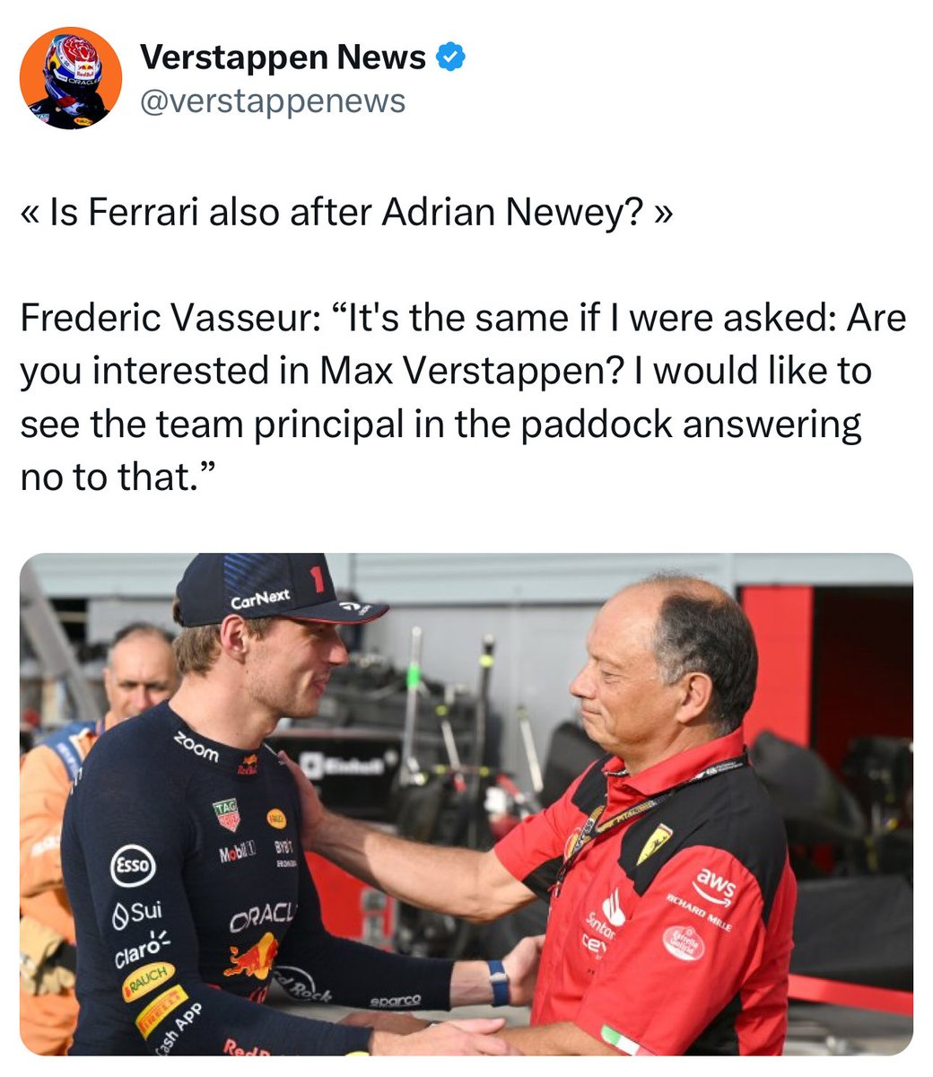 mel21_mv's tweet image. Friendly reminder that for all the crap Zak talks even he tried to get Max to McLaren and was basically told he couldn’t afford him. It’s also why him backtracking rn isn’t surprising.
In the words of Fred Vasseur, “I’d like to see the team principal answering no to Max” 😌