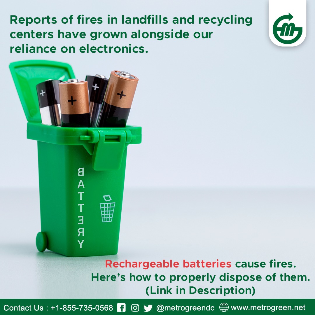 metrogreendc's tweet image. Improperly disposed rechargeable batteries can spark fires in landfills.

Always recycle them at certified drop-off centres to keep your community safe.
📞 +1-855-735-0868
Learn more: metrogreen.net

#metrogreeen #batteryrecycling #ewastedisposal #rechargeablebatteries